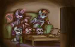 Size: 3000x1908 | Tagged: safe, artist:kysimon, pinkie pie, rainbow dash, rarity, spike, twilight sparkle, g4, controller, couch, food, friendship, magic, meat, pepperoni, pepperoni pizza, pizza, playing, popcorn, telekinesis, television, upside down, xbox