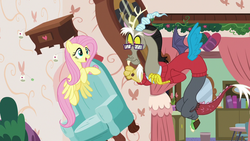 Size: 1280x720 | Tagged: safe, screencap, discord, fluttershy, pony, discordant harmony, g4, clothes, ginseng teabags, glasses, sweater