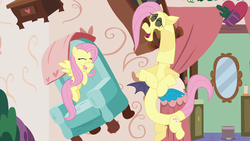 Size: 1280x720 | Tagged: safe, screencap, discord, fluttershy, pony, discordant harmony, g4, fluttershy suit, laughing