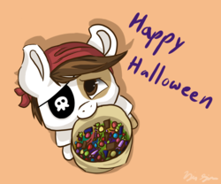 Size: 3000x2494 | Tagged: safe, artist:kysimon, pipsqueak, earth pony, g4, best boi, candy, colt, eyepatch, foal, food, halloween, high res, holiday, looking at you, male, mouth hold, solo
