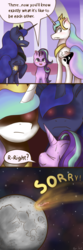 Size: 1000x3000 | Tagged: safe, artist:kysimon, princess celestia, princess luna, starlight glimmer, alicorn, pony, unicorn, g4, banishment, comic, female, glowing eyes, glowing eyes of doom, mare, moon, red eyes, swapped cutie marks, sweat, sweatdrop, the emperor's new groove, to the moon