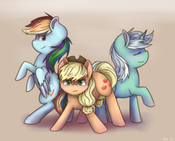 Size: 2496x2004 | Tagged: safe, artist:kysimon, applejack, lyra heartstrings, rainbow dash, g4, high res, rearing, simple background