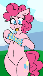 Size: 608x1061 | Tagged: safe, artist:/d/non, pinkie pie, earth pony, pony, g4, belly button, bipedal, chest fluff, chinese finger trap, female, floppy ears, hind legs, legs together, looking at something, mare, nervous, silly, silly pony, solo, sweat, tongue out