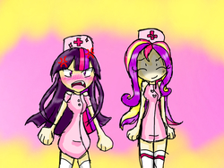 Size: 1024x768 | Tagged: safe, artist:lunaticsnivy, princess cadance, twilight sparkle, human, g4, three's a crowd, angry, blushing, cross-popping veins, duo, fangs, female, humanized, nurse, nurse outfit, open mouth, sisters-in-law