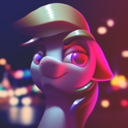 Size: 3000x3000 | Tagged: safe, rainbow dash, pegasus, pony, g4, blurry, blurry background, bokeh, bust, chromatic aberration, faic, female, high res, looking at you, mare, portrait, retrowave, smug, smugdash, solo