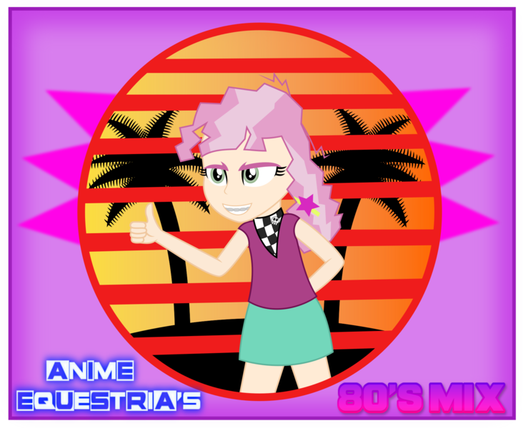 1685325 - safe, artist:anime-equestria, cheerilee, equestria girls, 80s, 80s  cheerilee, 80s hair, album cover, bandana, braces, clothes, female, human  coloration, palm tree, scarf, skirt, solo, stripes, sunset, thumbs up, tree  - Derpibooru