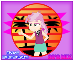 Size: 1782x1461 | Tagged: safe, artist:anime-equestria, cheerilee, equestria girls, g4, 80s, 80s cheerilee, 80s hair, album cover, bandana, braces, clothes, female, human coloration, palm tree, scarf, skirt, solo, stripes, sunset, thumbs up, tree