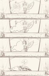 Size: 1200x1855 | Tagged: safe, artist:/d/, princess celestia, alicorn, pony, g4, crowd, defeated, dialogue, drawthread, female, literal metaphor, mare, monochrome, paper bag, public speaking, simple background, solo, speech, speech bubble, spread wings, stage, uselesstia, wet paper bag, wings, yellow background