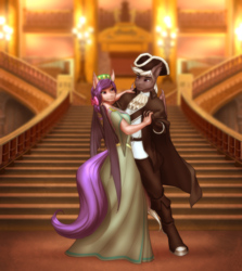 Size: 4242x4750 | Tagged: safe, artist:mykegreywolf, oc, oc only, oc:acerbus von sanguinis, oc:tenebra von umbram, bat pony, anthro, absurd resolution, anthro oc, bat pony oc, clothes, commission, dancing, dress, female, male, mare, oc x oc, shipping, stallion, straight, vonvon