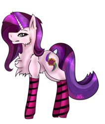 Size: 645x761 | Tagged: safe, artist:tindracz, oc, oc only, oc:evening glitter, pony, unicorn, icey-verse, chest fluff, clothes, female, magical lesbian spawn, mare, offspring, parent:starlight glimmer, parent:sunset shimmer, parents:shimmerglimmer, simple background, socks, solo, striped socks, transparent background