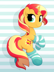 Size: 3460x4636 | Tagged: safe, artist:moozua, derpibooru exclusive, sunset shimmer, pony, unicorn, g4, butt, clothes, cute, female, looking at you, looking back, looking back at you, mare, plot, shimmerbetes, smiling, socks, solo, striped socks