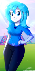 Size: 720x1460 | Tagged: safe, artist:the-butch-x, oc, oc only, oc:angel love, equestria girls, g4, birthday gift, bleachers, clothes, equestria girls-ified, female, field, necklace, pants, shirt, signature, smiling, solo