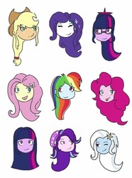 Size: 723x971 | Tagged: safe, artist:horsegirlpodcast, applejack, fluttershy, pinkie pie, rainbow dash, rarity, sci-twi, starlight glimmer, trixie, twilight sparkle, equestria girls, g4, female, humane five, humane six, lesbian, ship:startrix, shipping