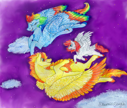 Size: 4440x3784 | Tagged: safe, artist:dawn22eagle, rainbow dash, spitfire, oc, pegasus, pony, g4, cloud, colored hooves, colored wings, colored wingtips, commission, family, female, flying, lesbian, magical lesbian spawn, multicolored wings, night, offspring, parent:rainbow dash, parent:spitfire, parents:spitdash, rainbow feathers, rainbow wings, realistic horse legs, ship:spitdash, shipping, stars, tail feathers, trio