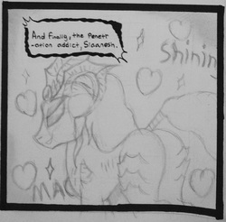 Size: 663x653 | Tagged: safe, artist:gojihunter31, demon, demon pony, pony, blushing, crossover, daemon, god, heart, if the emperor had a text-to-speech device, opinion, pencil drawing, ponified, slaanesh, sparkles, traditional art, tumblr blog, warhammer (game), warhammer 40k