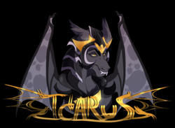 Size: 1000x732 | Tagged: safe, artist:astralbaphomet, oc, oc only, oc:icarus the lunar guard, bat wings, clean, convention art, fangs, grin, male, name, name tag, night guard, royal guard, smiling, solo, stallion