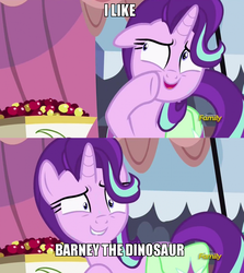 Size: 800x895 | Tagged: safe, screencap, starlight glimmer, g4, barney the dinosaur, exploitable meme, image macro, meme, starlight's confessions