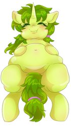 Size: 674x1199 | Tagged: safe, artist:bbtasu, oc, oc only, pony, unicorn, belly, belly button, chubby, eyes closed, fat, female, overweight, simple background, smiling, solo, thick, white background