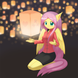 Size: 1000x1000 | Tagged: safe, artist:howxu, fluttershy, pegasus, anthro, g4, clothes, cute, female, kneeling, lantern, mare, shyabetes, smiling, solo