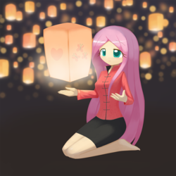 Size: 1000x1000 | Tagged: safe, artist:howxu, fluttershy, human, g4, clothes, cute, female, humanized, kneeling, lantern, long hair, shyabetes, smiling, solo