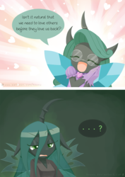 Size: 1000x1412 | Tagged: safe, artist:howxu, queen chrysalis, changeling, changeling queen, anthro, g4, spoiler:comic, ..., chrysalis encounters herself, chrysalis meets reversalis, clothes, comic, curved horn, cute, cutealis, daaaaaaaaaaaw, dialogue, dork, dorkalis, duo, eyes closed, female, glasses, heart, hnnng, horn, howxu is trying to murder us, mirror universe, open mouth, question mark, reversabetes, reversalis, self ponidox, smiling, speech bubble, who the hell are you