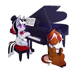 Size: 746x696 | Tagged: safe, artist:renokim, oc, oc:city roast, oc:piana, earth pony, pony, unicorn, coffee, cute, duo, eyes closed, female, glasses, hat, male, mare, musical instrument, piano, simple background, smiling, stallion, steam, top hat, unshorn fetlocks, white background