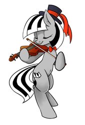 Size: 652x958 | Tagged: safe, artist:renokim, oc, oc only, oc:piana, earth pony, pony, belly button, bipedal, bow, bowtie, eyes closed, female, hat, mare, musical instrument, simple background, smiling, solo, top hat, violin, white background