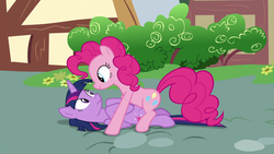 Size: 1920x1080 | Tagged: safe, screencap, pinkie pie, twilight sparkle, alicorn, earth pony, pony, fame and misfortune, g4, on back, out of context, personal space invasion, twilight sparkle (alicorn)
