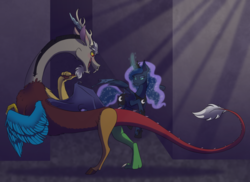 Size: 900x656 | Tagged: safe, artist:pampoke, discord, princess luna, g4, crepuscular rays, female, hybrid wings, male, ship:lunacord, shipping, story included, straight