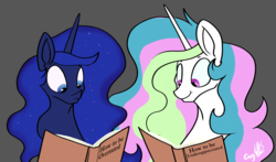 Size: 1681x989 | Tagged: dead source, safe, artist:greyscaleart, princess celestia, princess luna, alicorn, pony, g4, alicorns only, book, duo, duo female, female, mare, reading, simple background