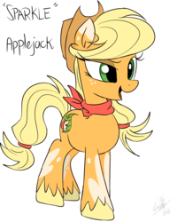 Size: 800x1000 | Tagged: safe, artist:emositecc, applejack, earth pony, pony, comic:sparkle, g4, alternate universe, clothes, female, hat, redesign, scarf, simple background, solo, transparent background