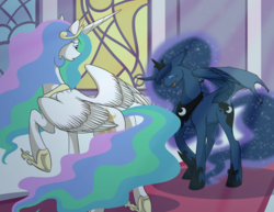 Size: 900x695 | Tagged: safe, artist:pampoke, princess celestia, princess luna, alicorn, pony, g4, crying, cutie mark, duo, eyes closed, female, hybrid wings, jewelry, regalia, spread wings, stained glass, story included, window, wing claws