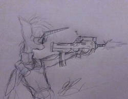 Size: 1922x1484 | Tagged: safe, artist:drawingwithapitoffriendship, princess celestia, anthro, g4, assault rifle, ghost in the shell, gun, rifle, traditional art, weapon
