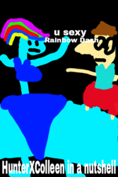 Size: 320x480 | Tagged: safe, artist:hunterxcolleen, artist:iexist1, rainbow dash, oc, oc:stewart gary, human, g4, 1000 hours in ms paint, big nose, bikini, black background, blank stare, clothes, crappy art, dialogue, glasses, humanized, hunterxcolleen, in a nutshell, parody, simple background, stylistic suck, swimsuit, tank top, text, wide hips