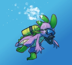 Size: 2920x2647 | Tagged: safe, artist:gsphere, spike, dragon, g4, bubble, flippers (gear), goggles, high res, male, scuba diving, scuba gear, solo, swim mask, underwater