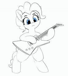 Size: 1280x1443 | Tagged: safe, artist:pabbley, pinkie pie, earth pony, pony, g4, 30 minute art challenge, bipedal, electric guitar, female, gibson explorer, guitar, monochrome, musical instrument, partial color, simple background, solo, white background