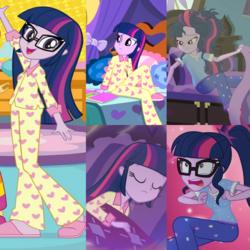 Size: 2048x2048 | Tagged: safe, sci-twi, twilight sparkle, equestria girls, equestria girls specials, g4, monday blues, my little pony equestria girls: better together, my little pony equestria girls: forgotten friendship, my little pony equestria girls: legend of everfree, my little pony equestria girls: summertime shorts, twilight's sparkly sleepover surprise, clothes, comparison, footed sleeper, glasses, high res, loose hair, nitpicking, open mouth, pajamas, perdita finn, sleepover, slippers, smiling, they just didn't care, waving