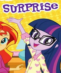 Size: 324x388 | Tagged: safe, sci-twi, sunset shimmer, twilight sparkle, human, equestria girls, g4, my little pony equestria girls: better together, clothes, duo, duo female, female, glasses, looking at you, meme, offscreen character, open mouth, open smile, pajamas, raised arm, smiling, wow! glimmer