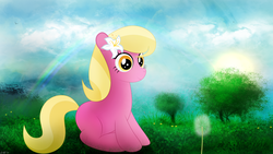 Size: 3840x2160 | Tagged: safe, artist:startledflowerpony, lily, lily valley, pony, g4, dandelion, female, filly, high res, rainbow, sitting, solo, tree, younger