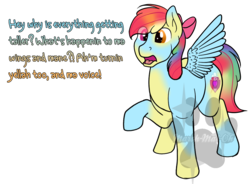 Size: 958x706 | Tagged: safe, artist:marsh-mal-oh, apple bloom, rainbow dash, earth pony, pegasus, pony, g4, age regression, bow, character to character, female, mare, mare to filly, obtrusive watermark, race swap, simple background, transformation, transparent background, watermark, what has magic done