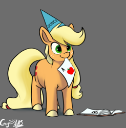 Size: 1215x1236 | Tagged: safe, artist:greyscaleart, applejack, earth pony, pony, g4, appul, cute, dunce hat, female, filly, filly applejack, hat, jackabetes, mouth hold, silly, silly pony, solo, younger