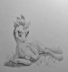 Size: 1280x1369 | Tagged: safe, artist:joestick, fizzlepop berrytwist, tempest shadow, butterfly, pony, unicorn, g4, my little pony: the movie, broken horn, chest fluff, eye scar, female, grass, horn, lying, lying in grass, mare, pencil drawing, reformed, scar, simple background, smiling, solo, traditional art