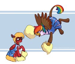 Size: 900x762 | Tagged: safe, artist:enma-darei, oc, oc only, oc:katie jay ewing, oc:rainbow feather, griffon, hippogriff, pegasus, pony, cheerleader, clothes, cute, duo, glasses, griffon oc, interspecies offspring, magical lesbian spawn, offspring, parent:gilda, parent:rainbow dash, parents:gildash, piercing, pleated skirt, ponytail, simple background, skirt