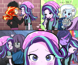 Size: 1625x1354 | Tagged: dead source, safe, artist:quizia, maud pie, starlight glimmer, sunset shimmer, trixie, twilight sparkle, display of affection, equestria girls, equestria girls series, anime, beanie, blushing, bouquet, clothes, cute, diatrixes, eyes closed, female, flanksy, flower, glimmerbetes, hat, lesbian, looking at each other, looking at you, maudabetes, shimmerbetes, shimmerglimmer, shipping, smiling, starlight glimmer gets all the mares, starmaud, startrix, twiabetes, twilight sparkle (alicorn), twistarlight, vest