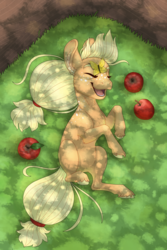 Size: 800x1200 | Tagged: safe, artist:jackiebloom, applejack, butterfly, pony, g4, animated, animated png, apple, female, filly, filly applejack, food, on back, solo, younger