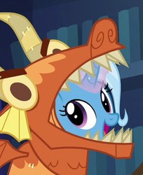 Size: 404x495 | Tagged: safe, screencap, trixie, pony, unicorn, g4, uncommon bond, clothes, costume, cropped, cute, diatrixes, dragon costume, female, glowing horn, horn, mare, open mouth, smiling, solo