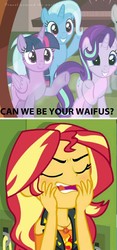 Size: 778x1666 | Tagged: safe, edit, edited screencap, screencap, starlight glimmer, sunset shimmer, trixie, twilight sparkle, alicorn, pony, unicorn, equestria girls, equestria girls specials, g4, my little pony equestria girls: better together, my little pony equestria girls: forgotten friendship, uncommon bond, counterparts, female, geode of empathy, lesbian, mare, ship:shimmerglimmer, ship:sunsetsparkle, ship:suntrix, shipping, sunset shimmer gets all the mares, twilight sparkle (alicorn), twilight's counterparts, waifu