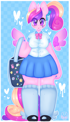 Size: 2013x3500 | Tagged: safe, artist:bunxl, princess cadance, alicorn, anthro, unguligrade anthro, g4, arm hooves, breasts, clothes, cute, female, floating wings, heart, heart eyes, high res, looking at you, mare, mary janes, pleated skirt, ponytail, shirt, shoes, skirt, socks, starry eyes, wingding eyes