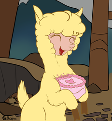 Size: 1292x1393 | Tagged: safe, artist:neonhuo, artist:novaintellus, paprika (tfh), alpaca, them's fightin' herds, cake, collaboration, community related, female, food, happy, menace, solo