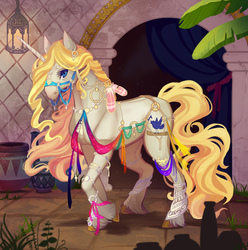 Size: 2475x2500 | Tagged: safe, artist:sitaart, oc, oc only, oc:blue haze, pony, saddle arabian, unicorn, ponyfinder, bard, blonde, blonde hair, blonde mane, blue eyes, city, clothes, complex background, dungeons and dragons, ear piercing, earring, fantasy class, feather, female, high res, jewelry, lantern, mare, pathfinder, pen and paper rpg, piercing, plant, raised hoof, rpg, slave, solo, tree, unshorn fetlocks, vase, white fur
